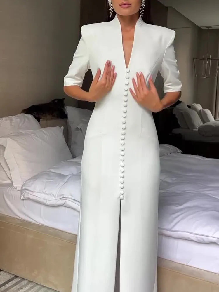New Fashion Evening Gowns White Elegant Skinny Split Dress Woman Stand Collar Short Sleeve Single Breasted Shoulder Pad Vestidos
