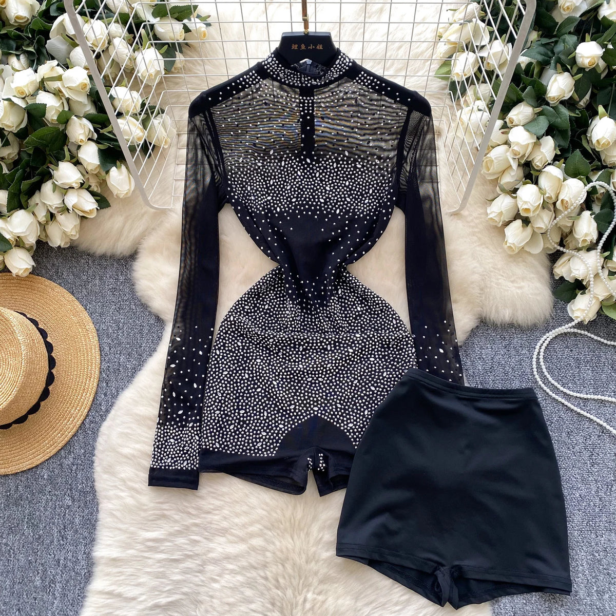 Sheer Long Sleeve Zipper Mesh Romper With Shorts for Women