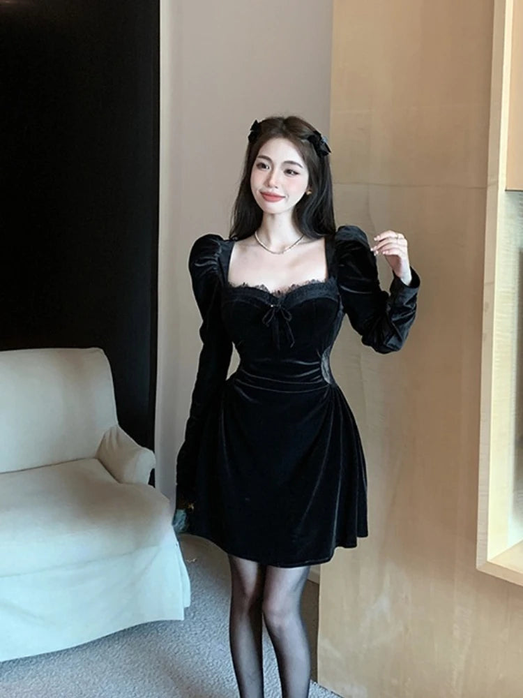 Elegant Gothic Velvet Long Sleeve Midi Dress for Women