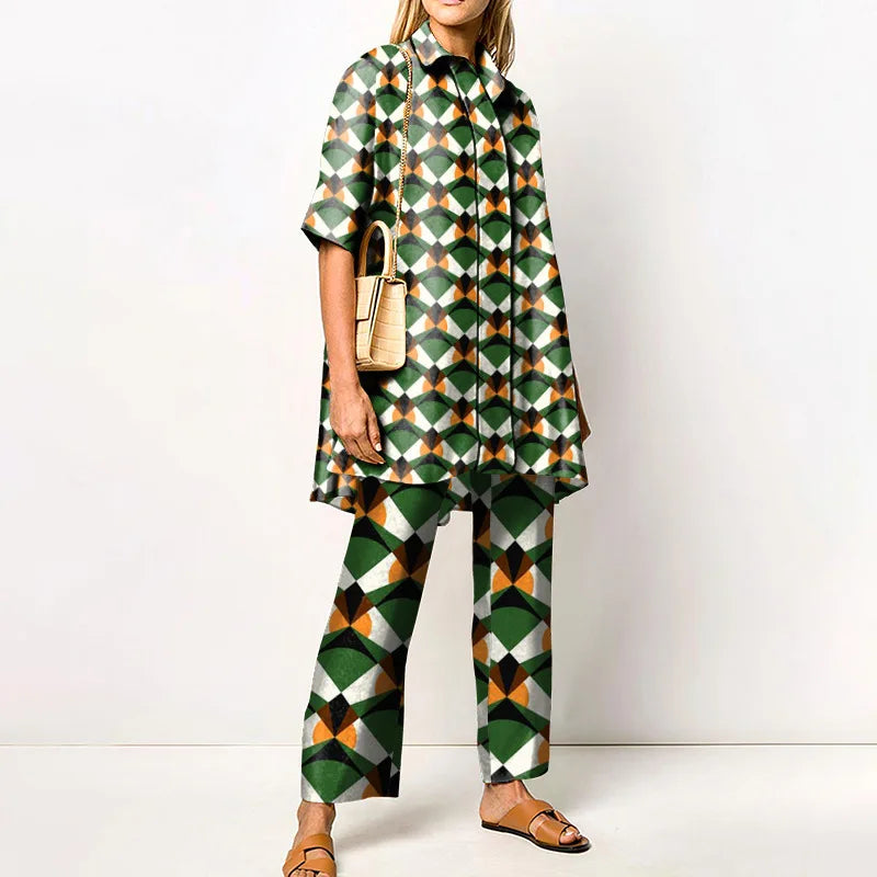 2022 Sets Womens Outfits Elegant Loungewear Print Spring Autumn 2PCS Ladies Suit Long Sleeve Wide Leg Pants Loose Fit Streetwear