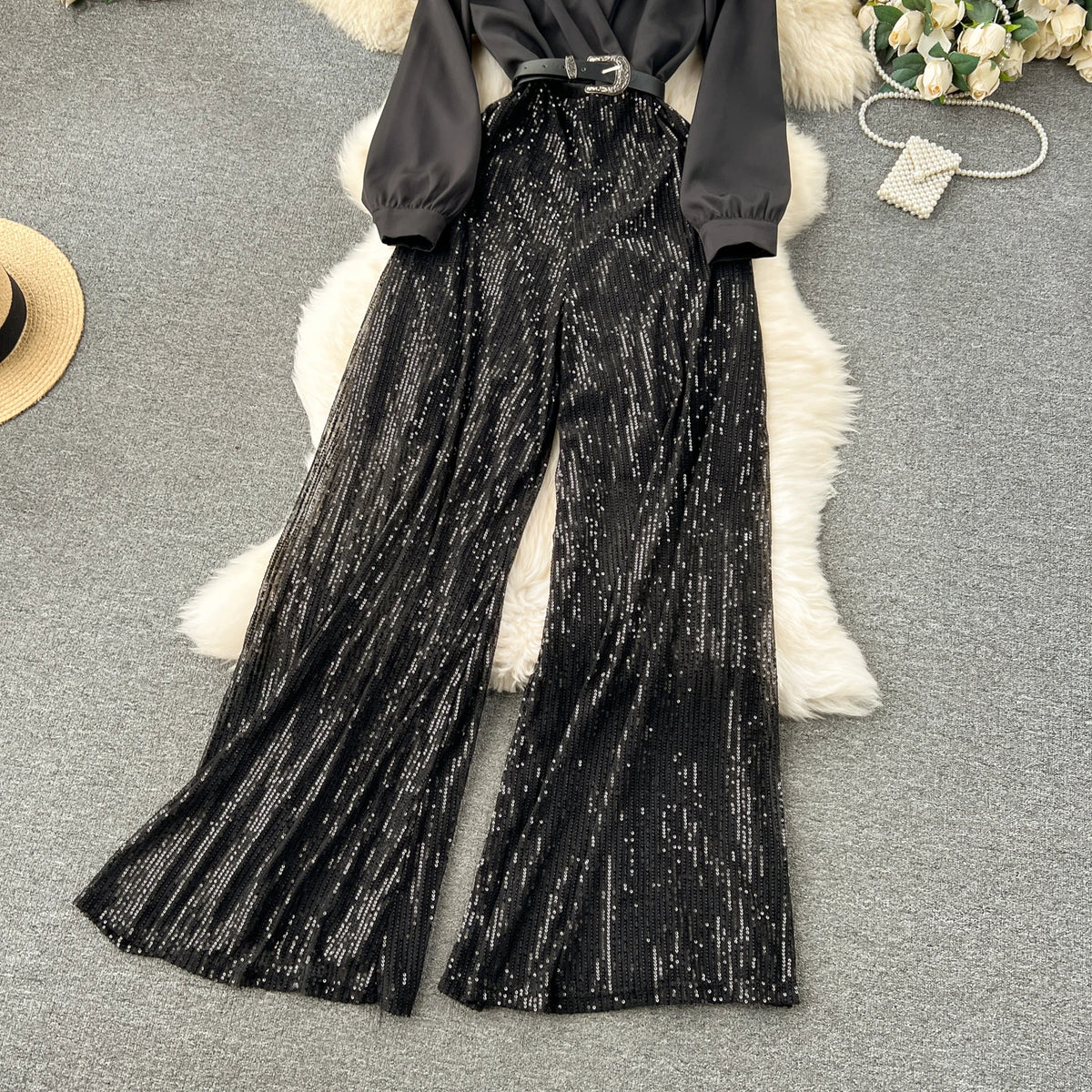 Sequined Patchwork V Neck Wide Leg Jumpsuit for Women