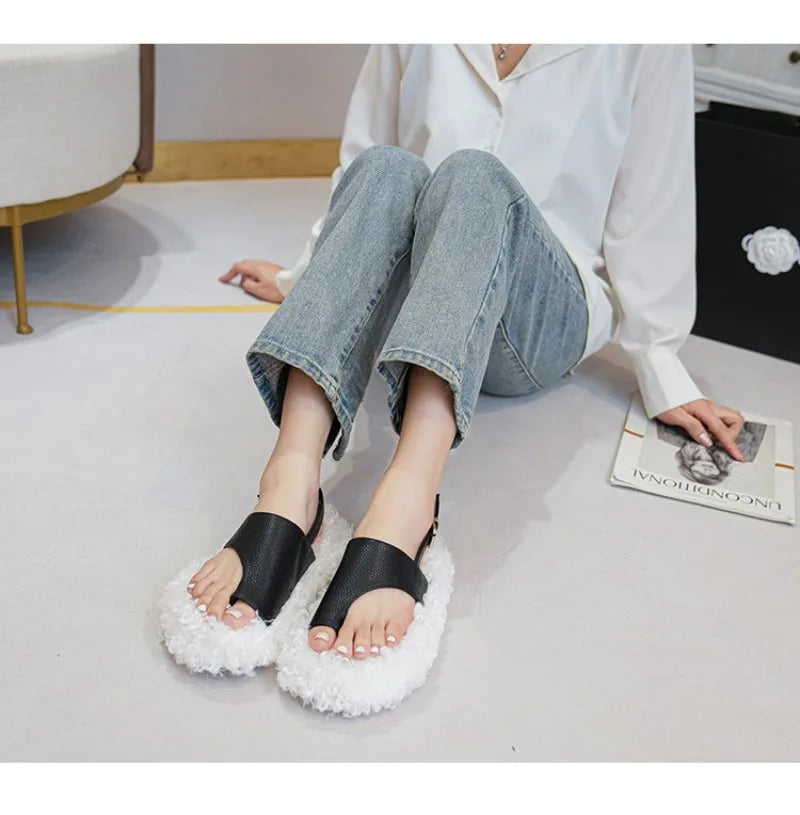 Cozy Plush Buckle Strap Flat Toe Slippers for Women