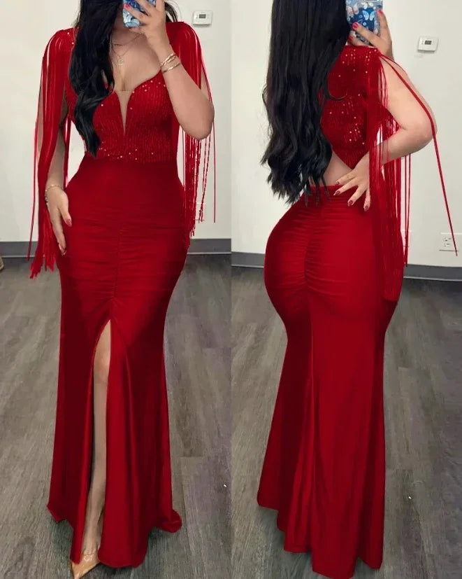 Evening Dresses Women Clothes Fashion Rhinestone Cold Shoulder Slit Ruched Party Elegant Long Bodycon Dress Summer 2024 New