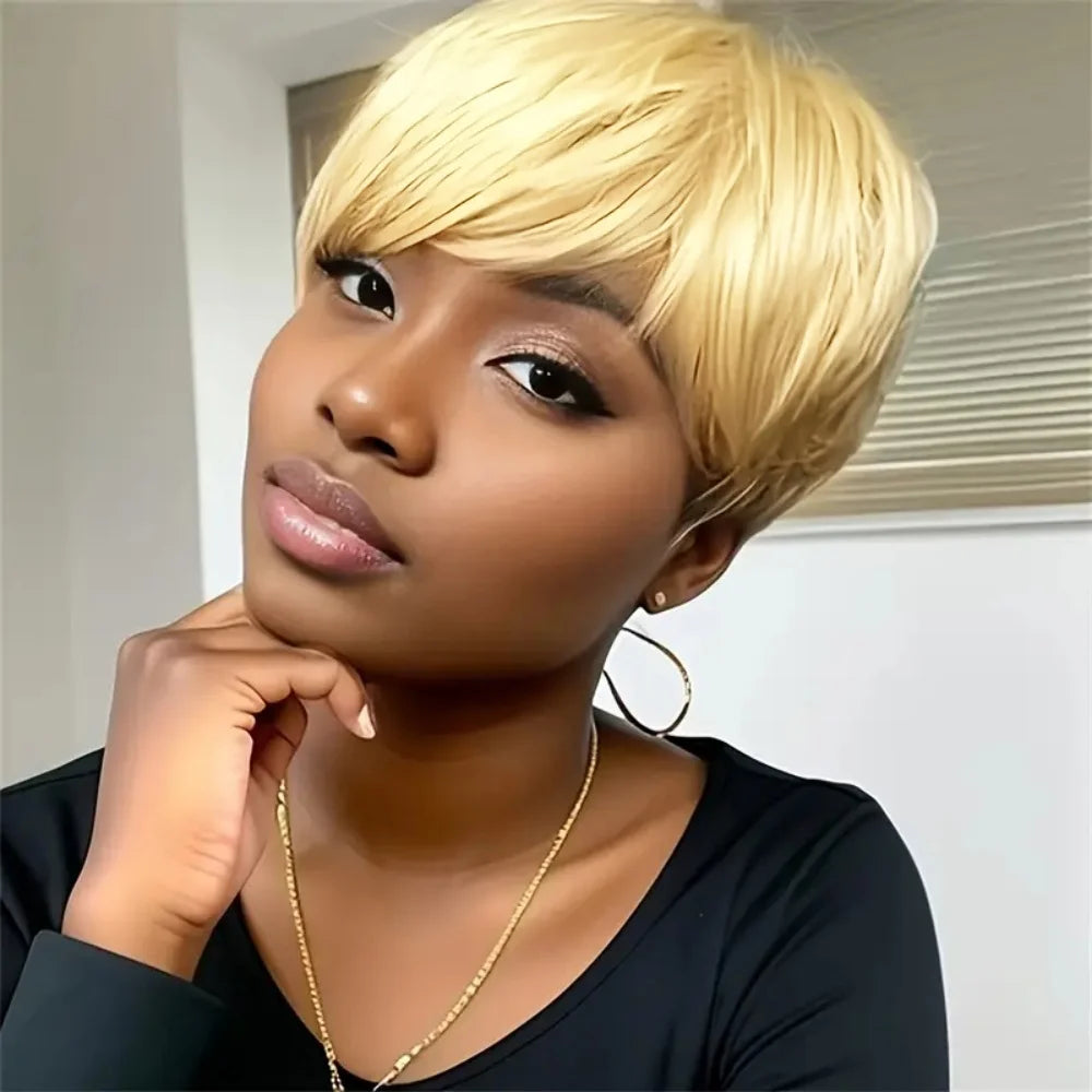 Brazilian Human Hair Wig Pixie Cut with Bangs Full Machine-Made Wig for Black Women Short Hair Wig