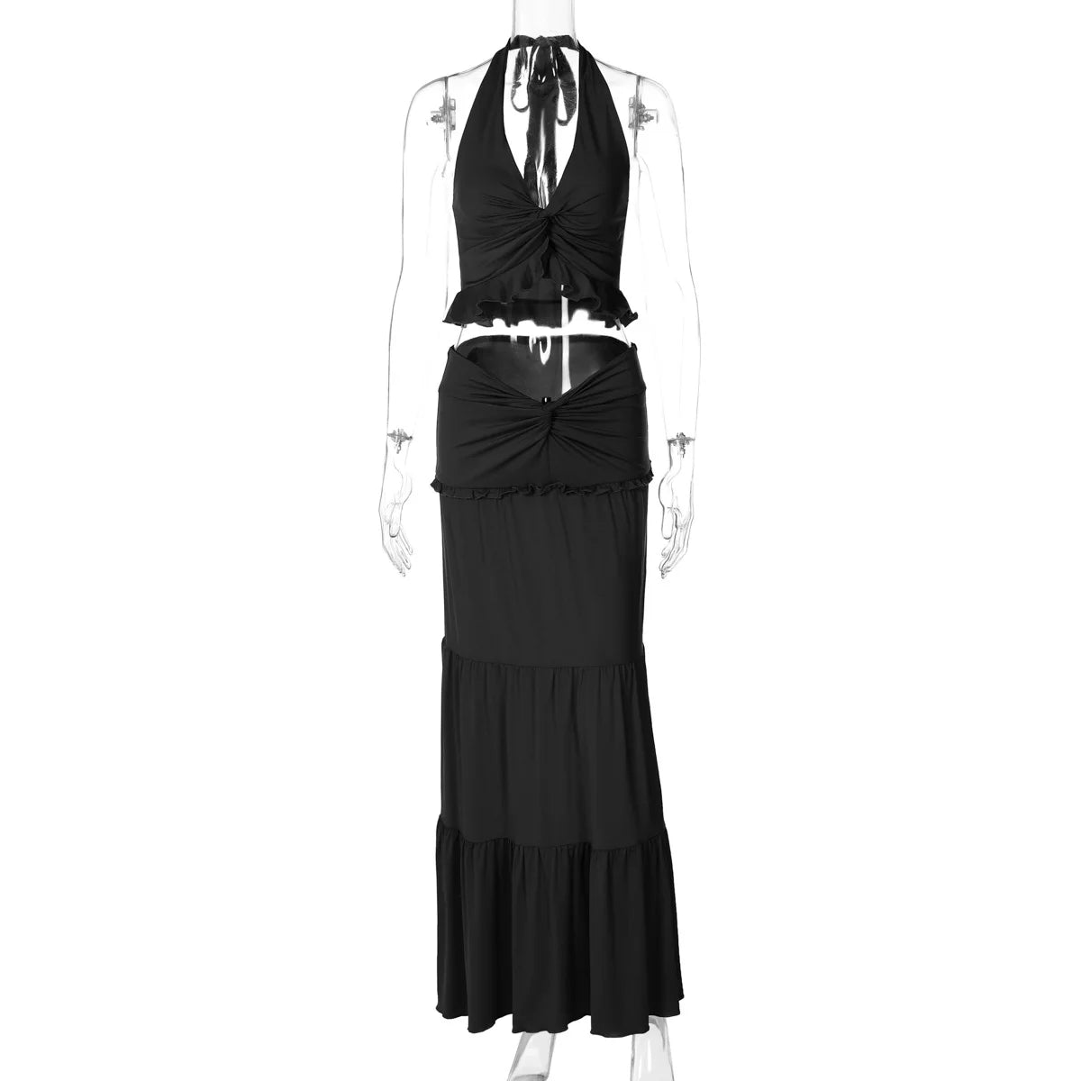 Cryptographic Elegant Two Piece Sets Sleeveless Frill Halter Twist Top Dress Sets Outfits Fashion Co-ord Sets Coquette Clothes