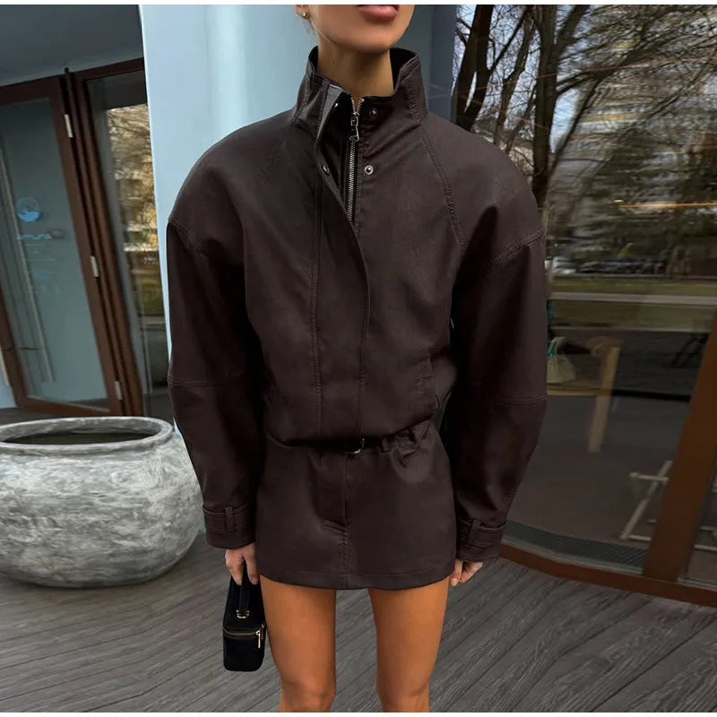 Vintage Suede Jacket and Mini Skirt Two Piece Set for Women