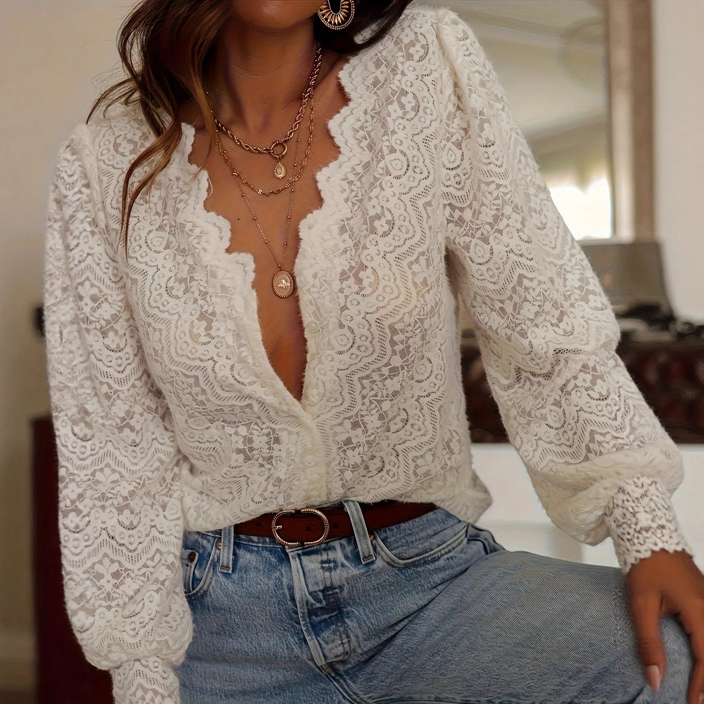 Elegant Lace Trim Long Sleeve White Blouse for Women