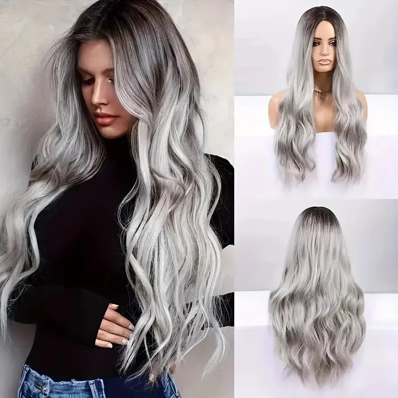 Gradient Black To Gray Long Body Wave Synthetic Wig For Women
