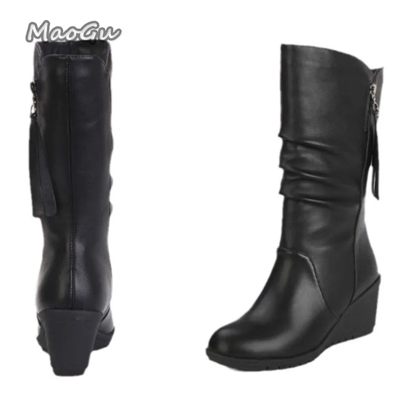 Black Warm Plush Side Zip Wedge Midcalf Boots For Women