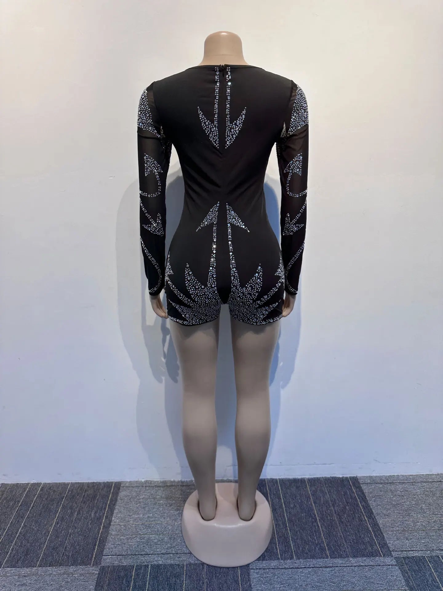 Rhinestone Mesh V Neck Long Sleeve Jumpsuit For Women