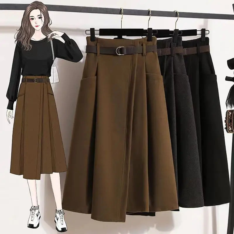 High Waisted Black Wool Midi Skirt With Pockets for Women
