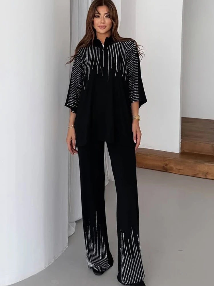 Elegant Casual Sequin Two Piece Top And Pants Set For Women