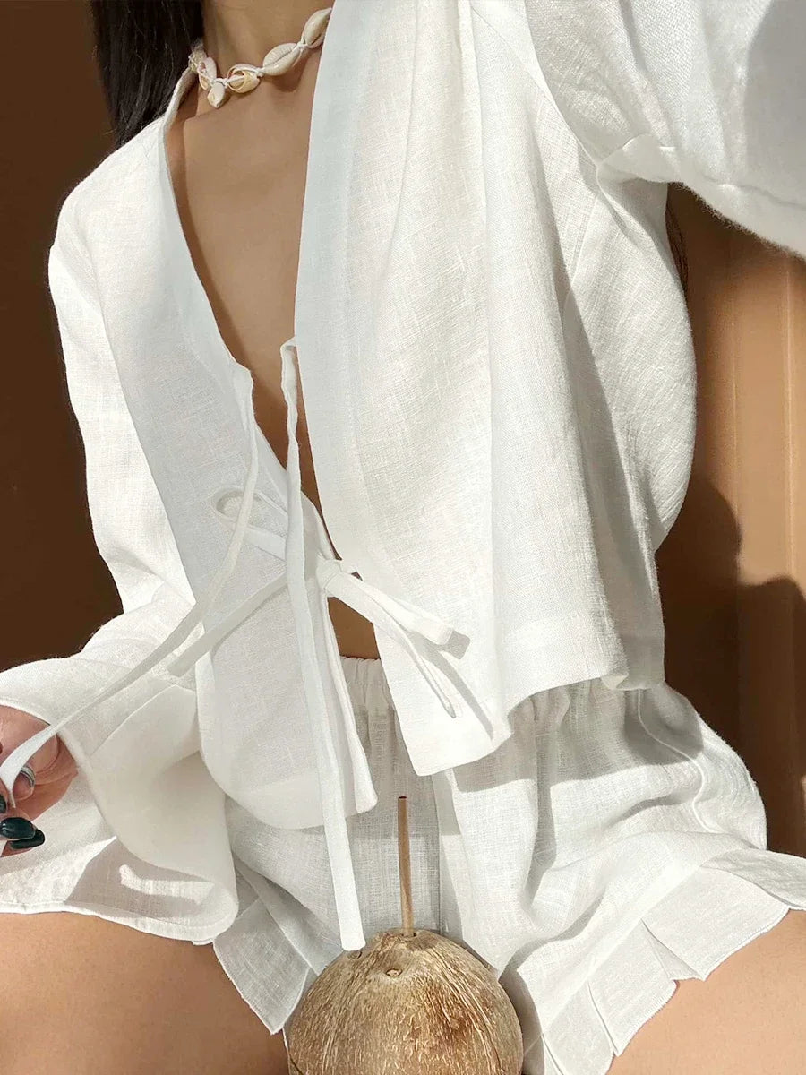Cotton V Neck Long Sleeve Loose Casual Two Piece Shorts Set For Women