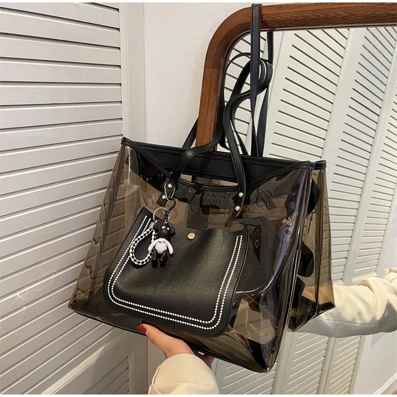 Transparent Jelly Zipper Tote Bag Large Capacity High-quality Texture Handbag Fashionable Luxury Ladies Commuter Shoulder Bag