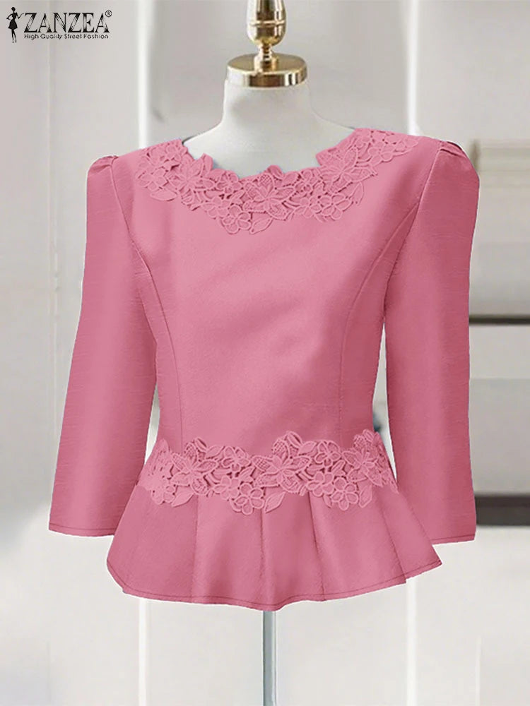 Lace Patchwork Three Quarter Sleeve Peplum Blouse for Women