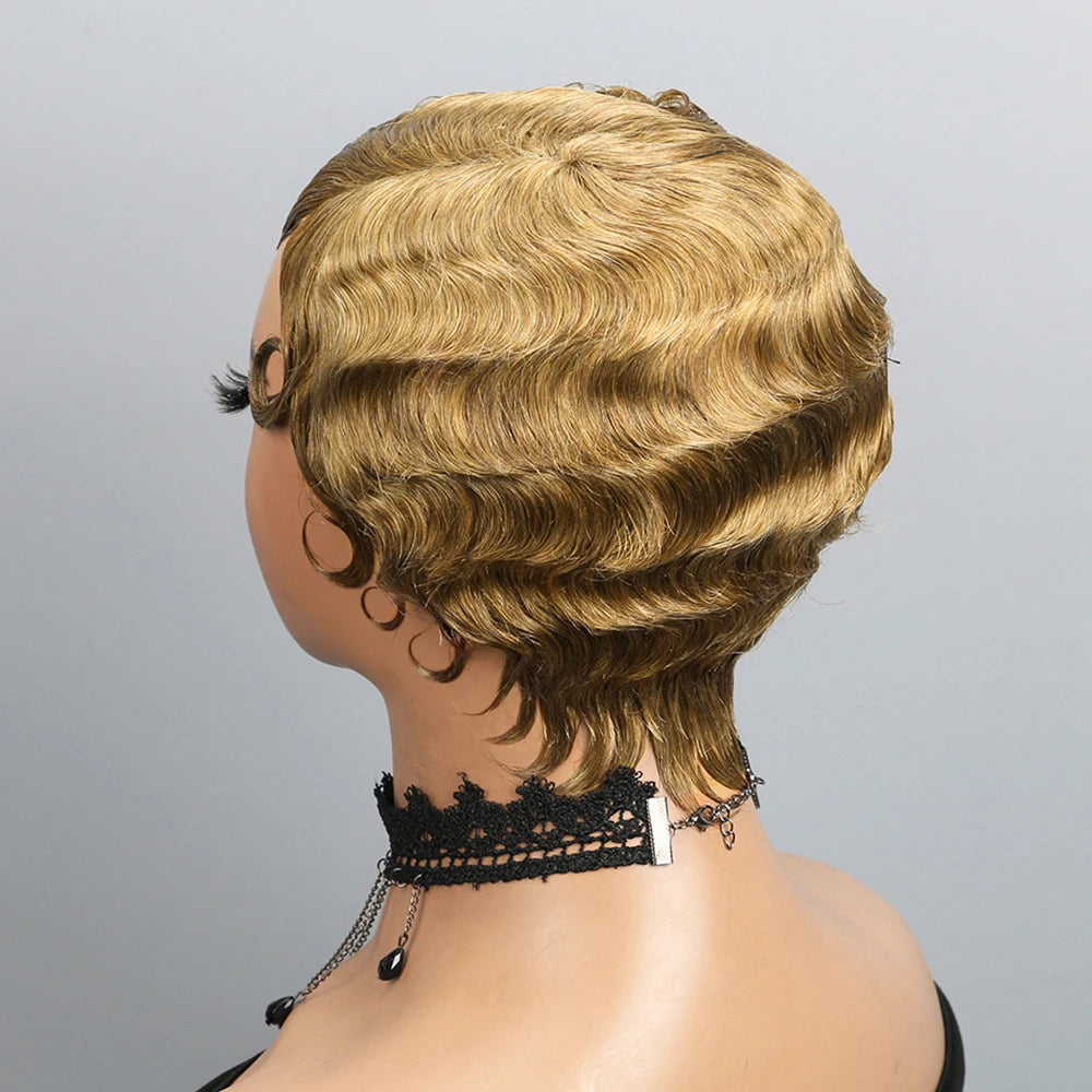 Short Finger Wave Wig Human Hair Wigs For Women 180% Density Brown Short Ocean Wave Wig Pixie Cut Wigs for Woman Natural Look