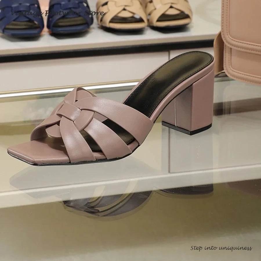 Interwoven Strap Square Toe Block Heel Mules for Women