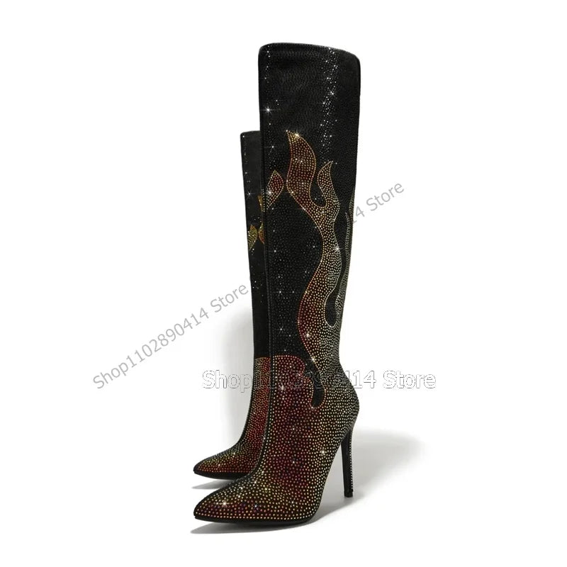 Multi Color Crystal Totem Decor Pointed Toe Boots For Women