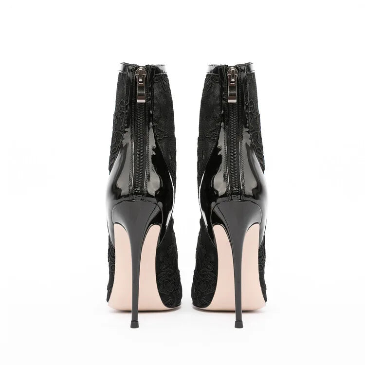Elegant Black Mesh Stiletto Ankle Boots With Pointy Toe Rear Zipper For Women