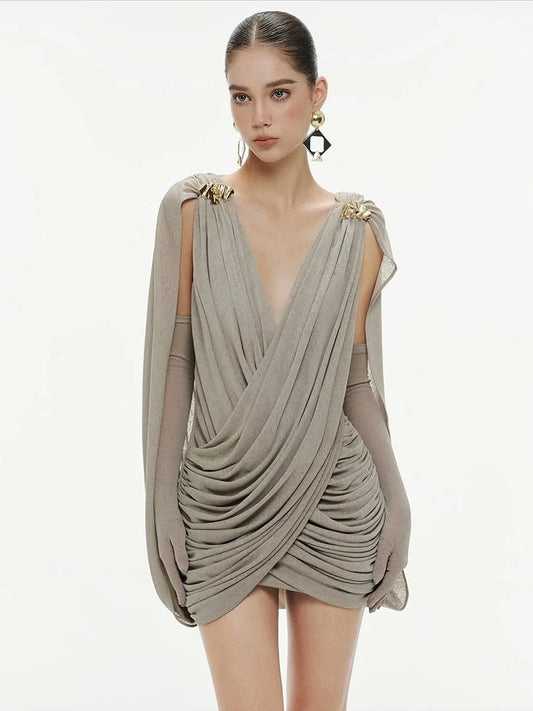 Elegant Ruched V Neck Mini Dress
