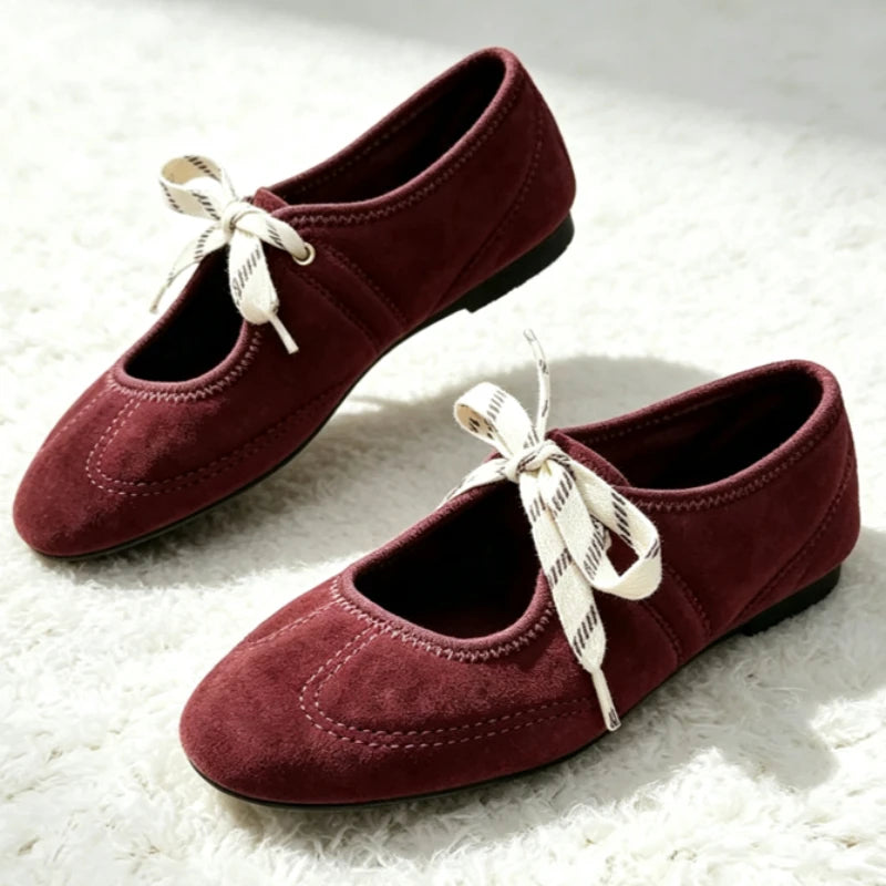 Lace Up Faux Suede Mary Jane Ballet Flats for Women