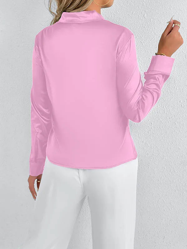 Bonboho 2026 New Women's Solid Color Silky Shirt V-neck Long Sleeves Elegant Blouse for Female Elegant Pullover Work Shirts