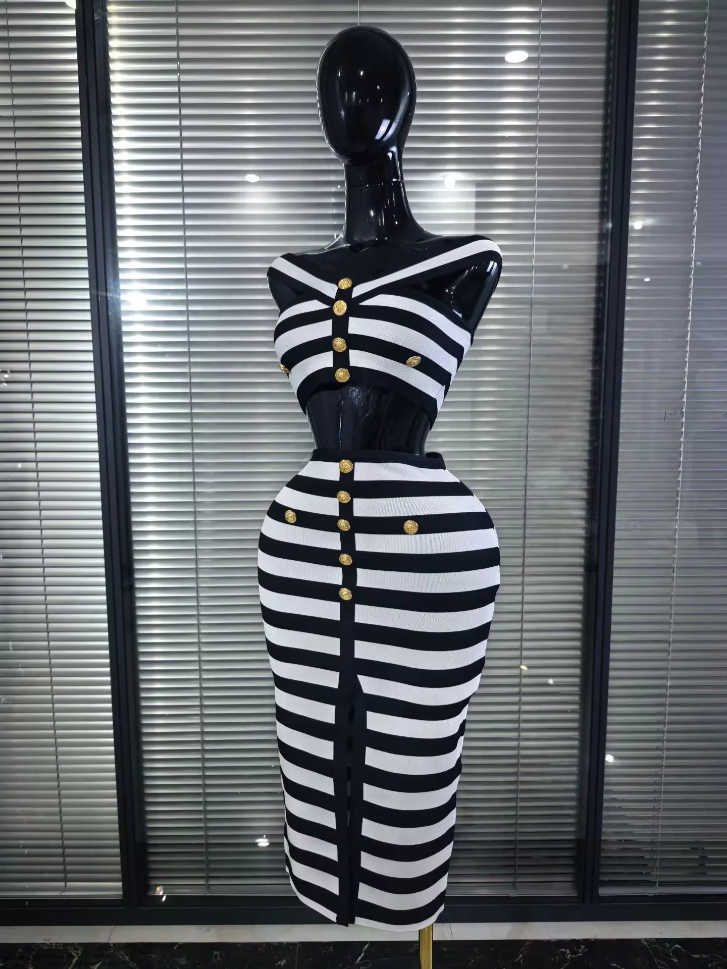 High Quality Women Sexy Slash Neck Striped 2 Pieces Bodycon Midi Bandage Dress Nightclub Party Celebrate Evening Clothing