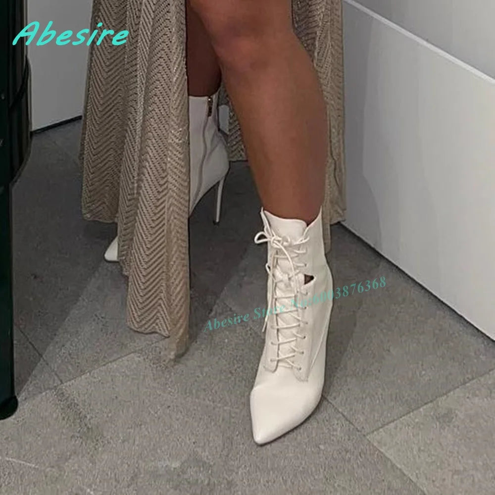 White Leather Lace‑Up Ankle Boots Pointed Toe Stiletto Heels Side-Zipper Women's Boots Elegant Concise Party Fashion Show Shoes