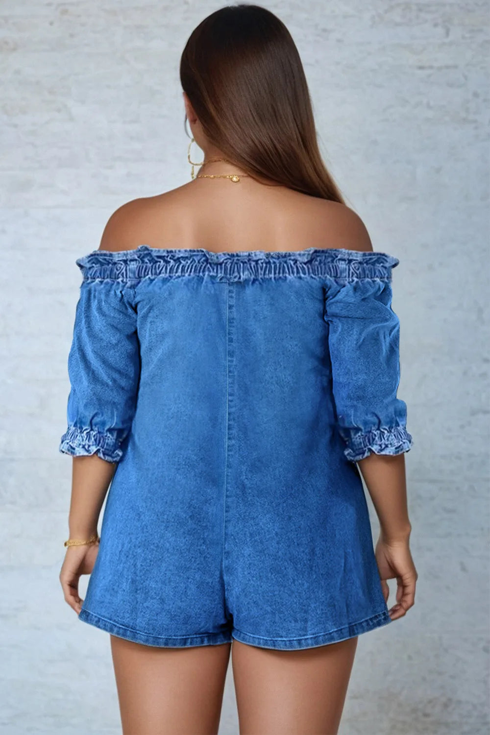 Casual Blue Off Shoulder Puff Sleeve Denim Rompers for Women