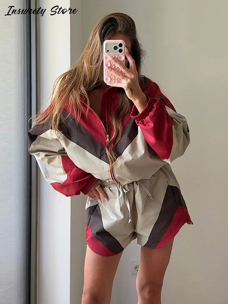 Contrast Color Zip Jacket and Shorts Two Piece Set for Women