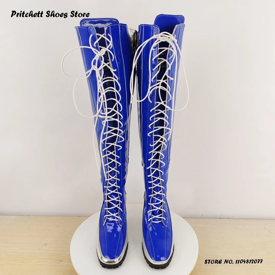 Square Toe Patchwork Lace Up Knee High Boots for Women