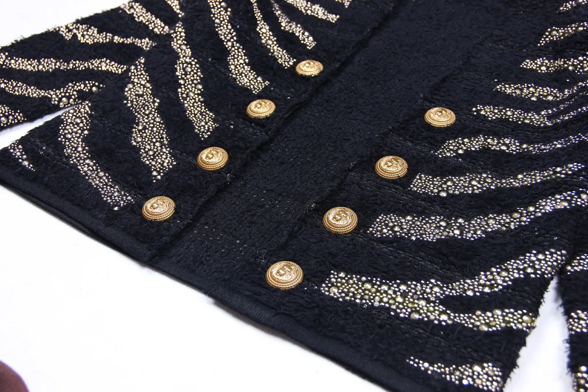 2025 Autumn New Heavy Knitted Hot Diamond Long-sleeved Jacket Sexy Vest + Skirt Set Light Luxury Party Women Three-piece Set