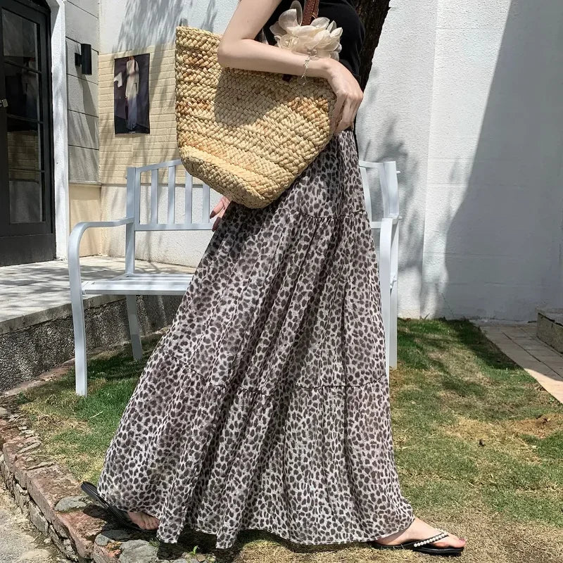 Vintage Leopard Print Tiered Maxi Skirt For Women