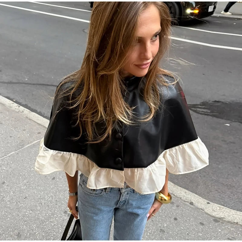 Elegant Mesh Patchwork Short Cape Coat With Stand Collar for Women