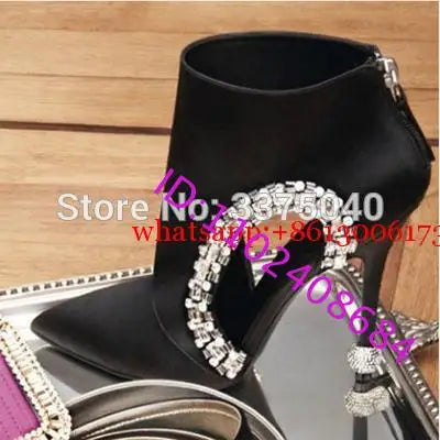 New Black Pointed Toe Women Ankle Boots Hollow Out Rhinestone Summer Boots High Heels Crystal Pointed Toe Black Women Boots