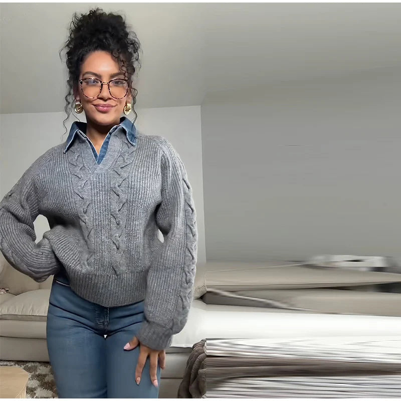 Long Sleeve Denim Collar Half Button Knit Top For Women