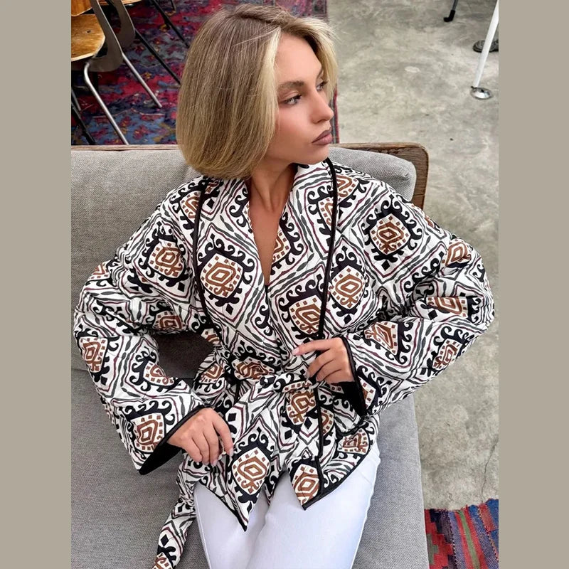Printed Cotton Padded Winter Coat with V Neck for Women