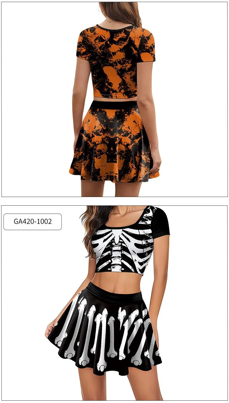 Gothic Skeleton Print Two Piece Costume Set for Women