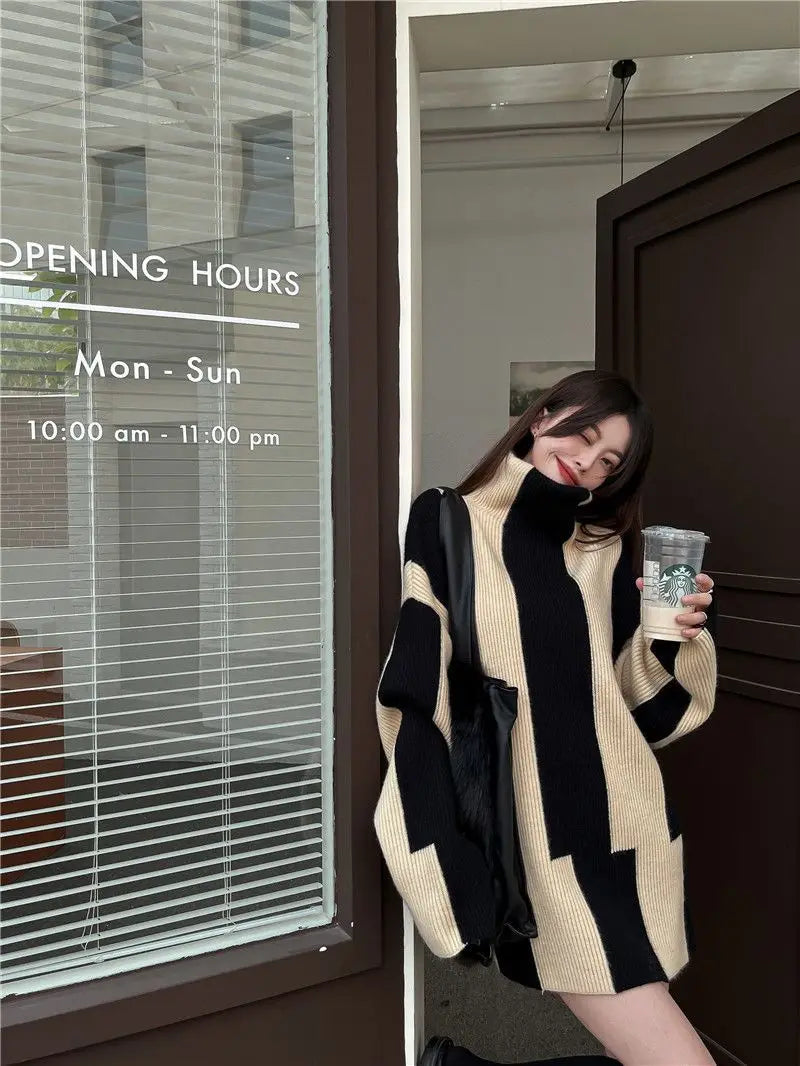Relaxed Fit Striped Turtleneck Knit Sweater for Women