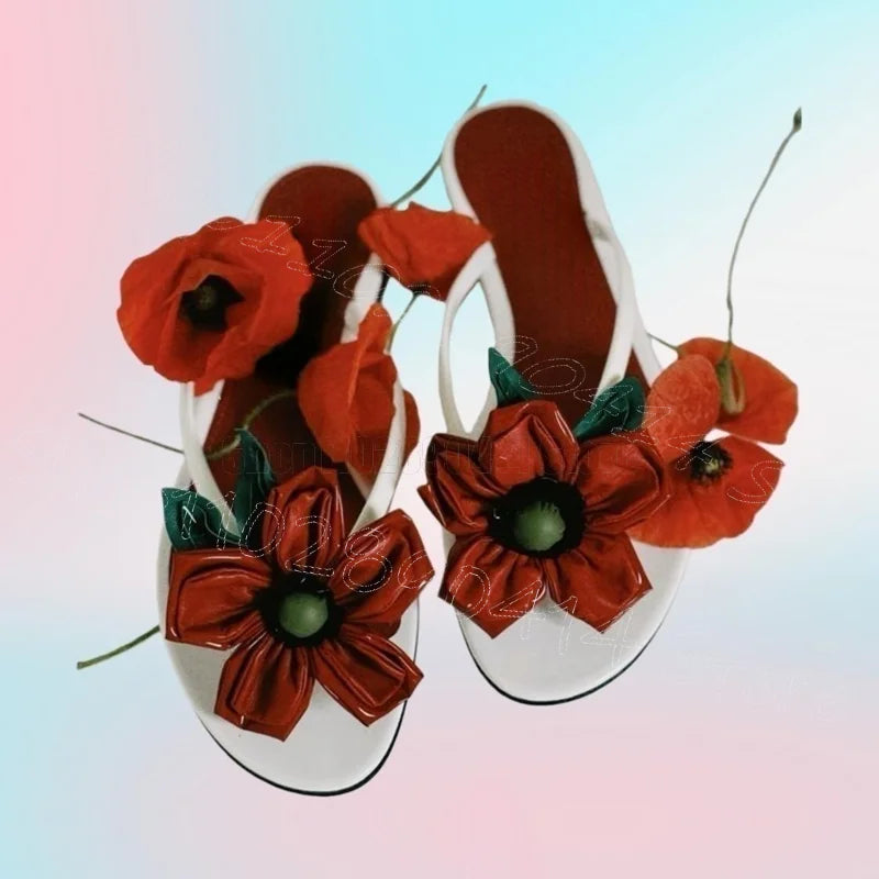 Red Foliage Applique Open Toe High Heel Shoes for Women