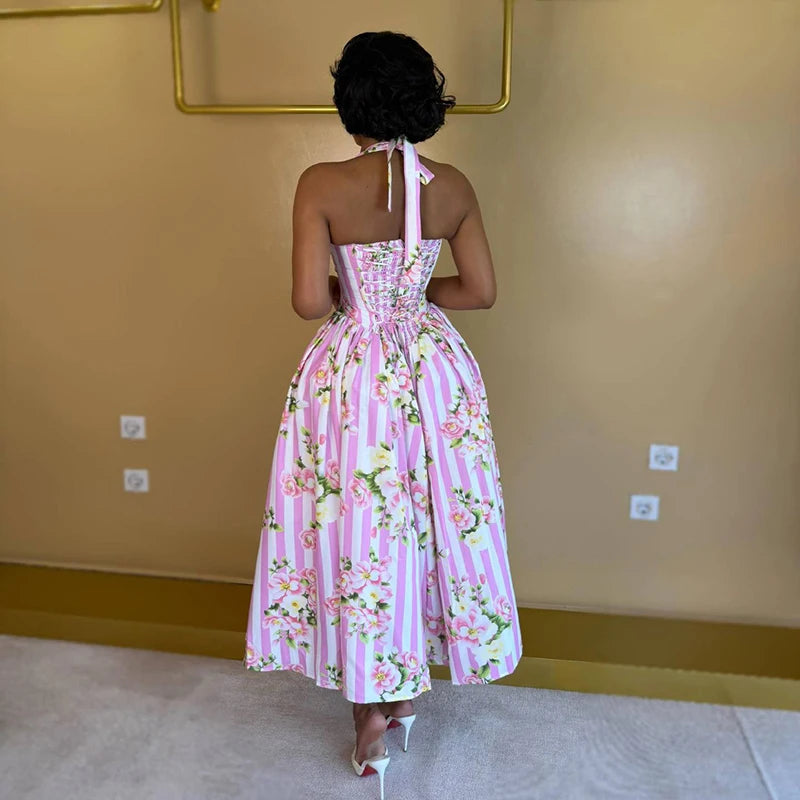 Women Elegant Backless Waist Vacation Dresses Sweet Style Floral Print Formal Party Dress Sexy Halter Sleeveless Bohe Long Dress