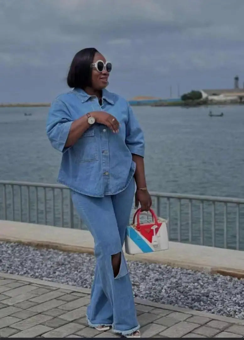 Denim Pant Set Women Two Piece Sets Turn Down Collar Matching Sets Single Breasted Shirt Tops Wide Leg Long Pants High Waist