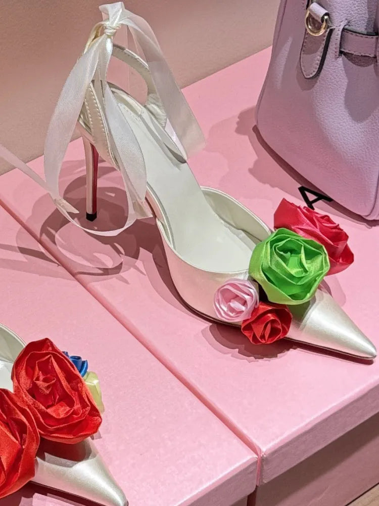 Rose Flower Pointed Toe High Heel Sandals for Women