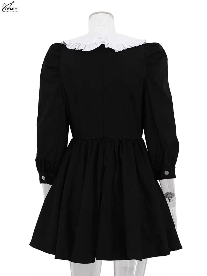 Oymimi Elegant Black Patchwork Women's Dress Casual Peter Pan Collar Three Quarter Sleeve Dresses Fashion Pleated Mini Dresses