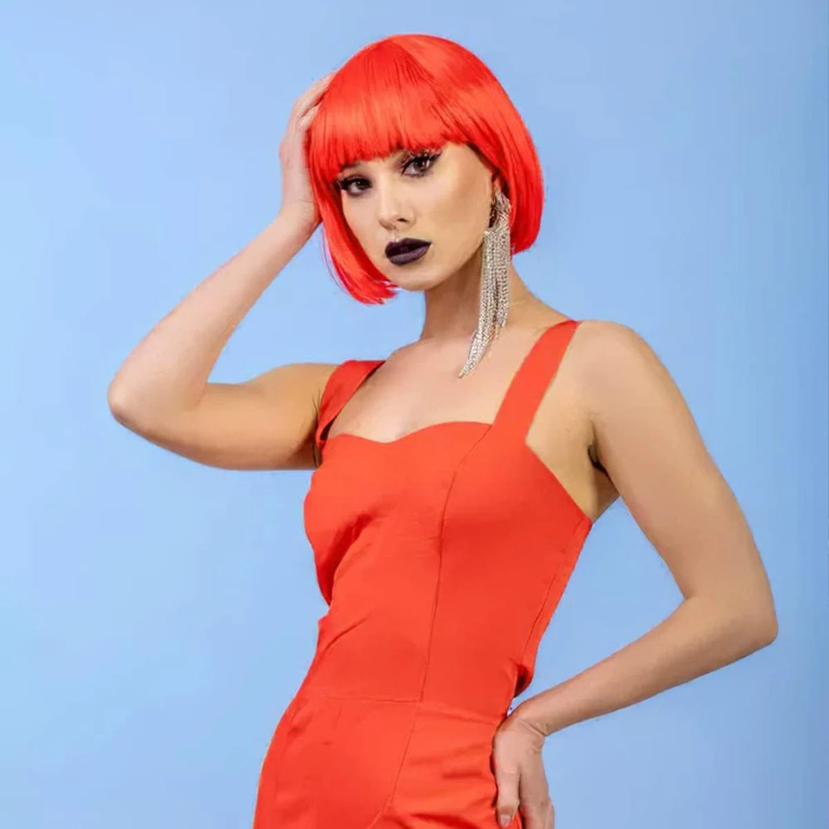 Red Short Straight Synthetic Flat Bangs Bob Wig For Women