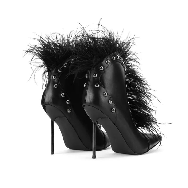 Feather Rivet Embellished Pointed Toe Ankle Boots for Women