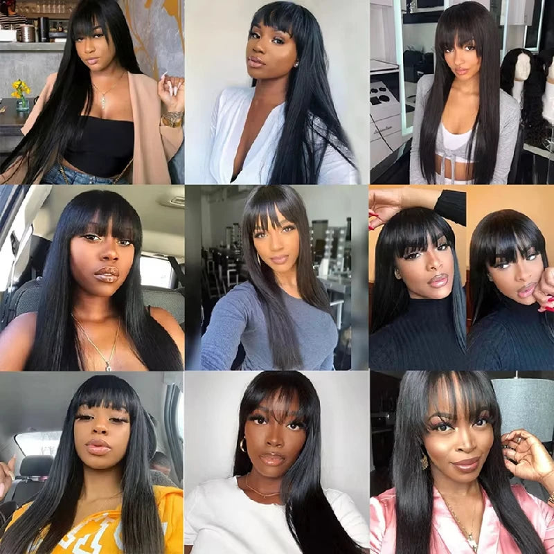 Long Straight Natural Human Hair Wig With Bangs for Women