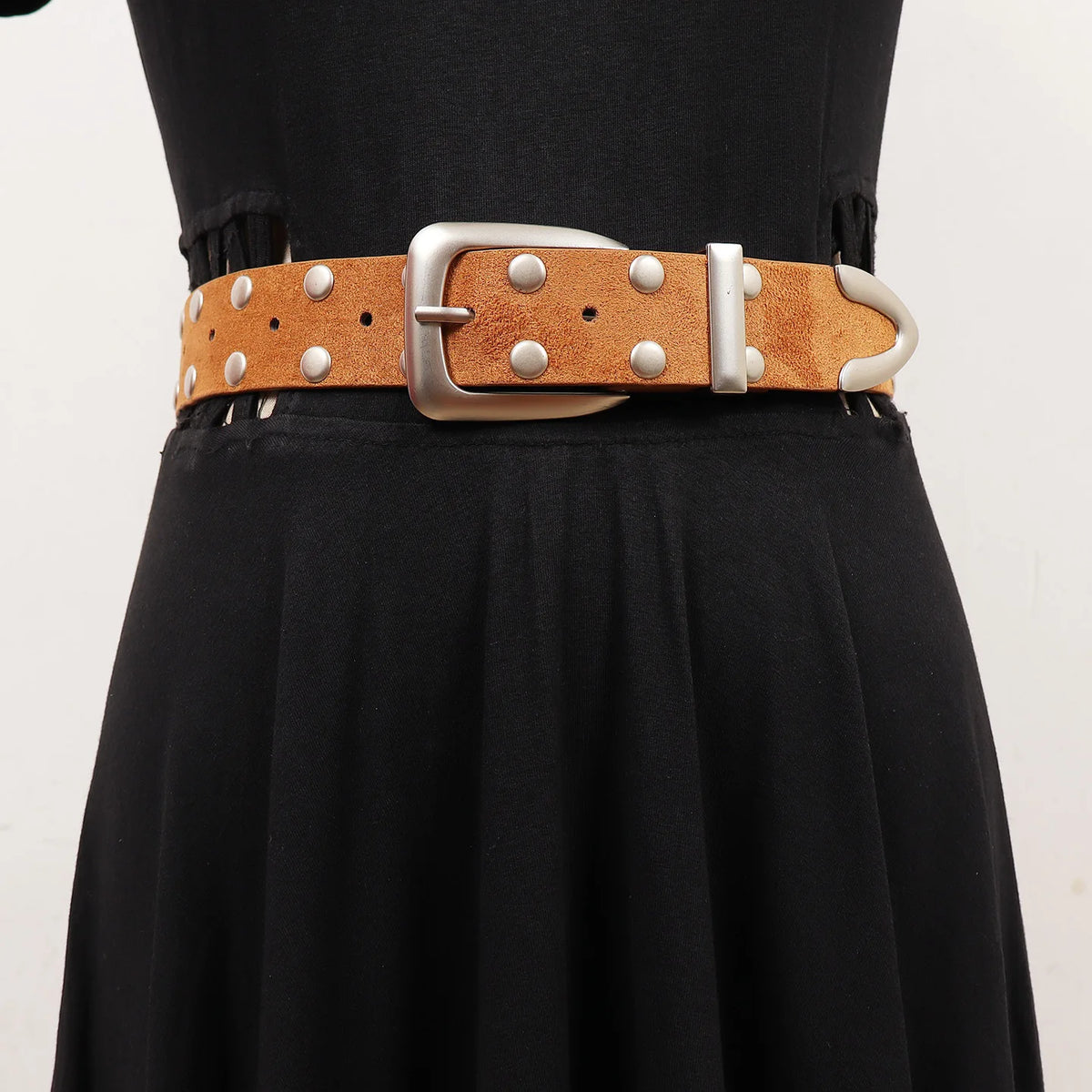 Retro Solid Color Suede Rivet Waist Belt for Women