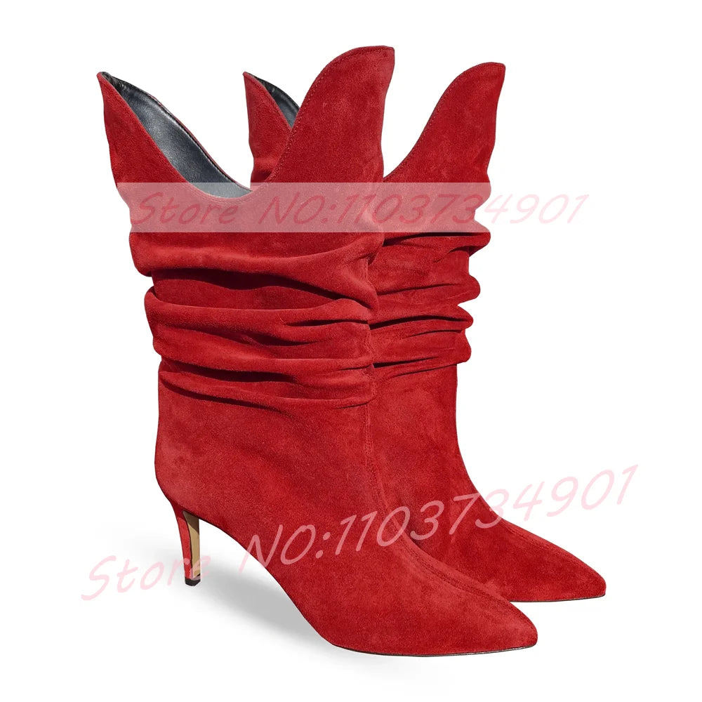 Fuchsia Pleated Pointy Toe High Heel Suede Ankle Boots For Women