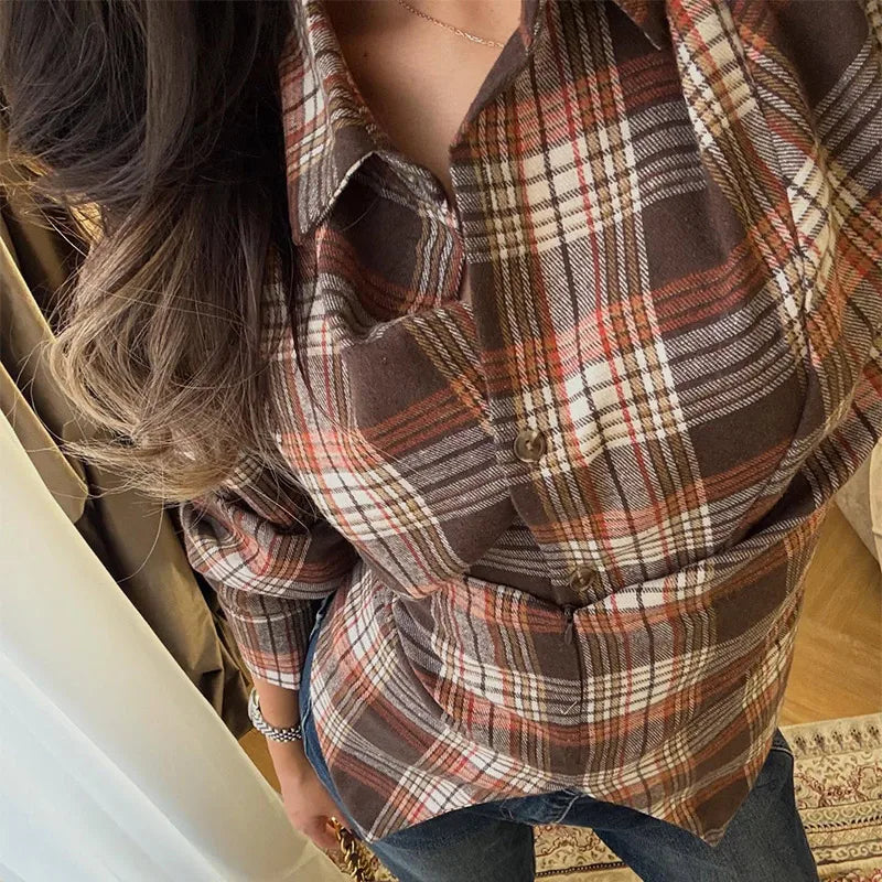Long Sleeve Plaid Button-Up Shirt Jacket for Women